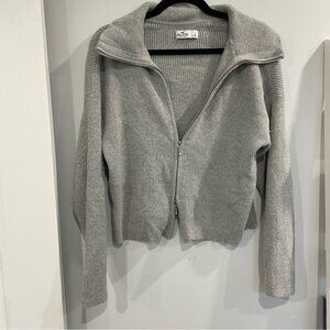 Hollister Grey Zip Up Knit Sweater High Collar Large